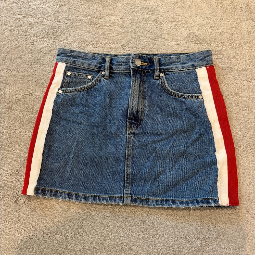 Denim Mini Skirt with Red & White Side Stripes